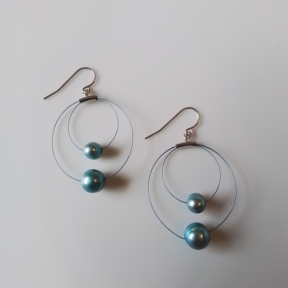 Vintage Honora Teal Blue Pearl Double Hoop Earrings - Picture 3 of 3